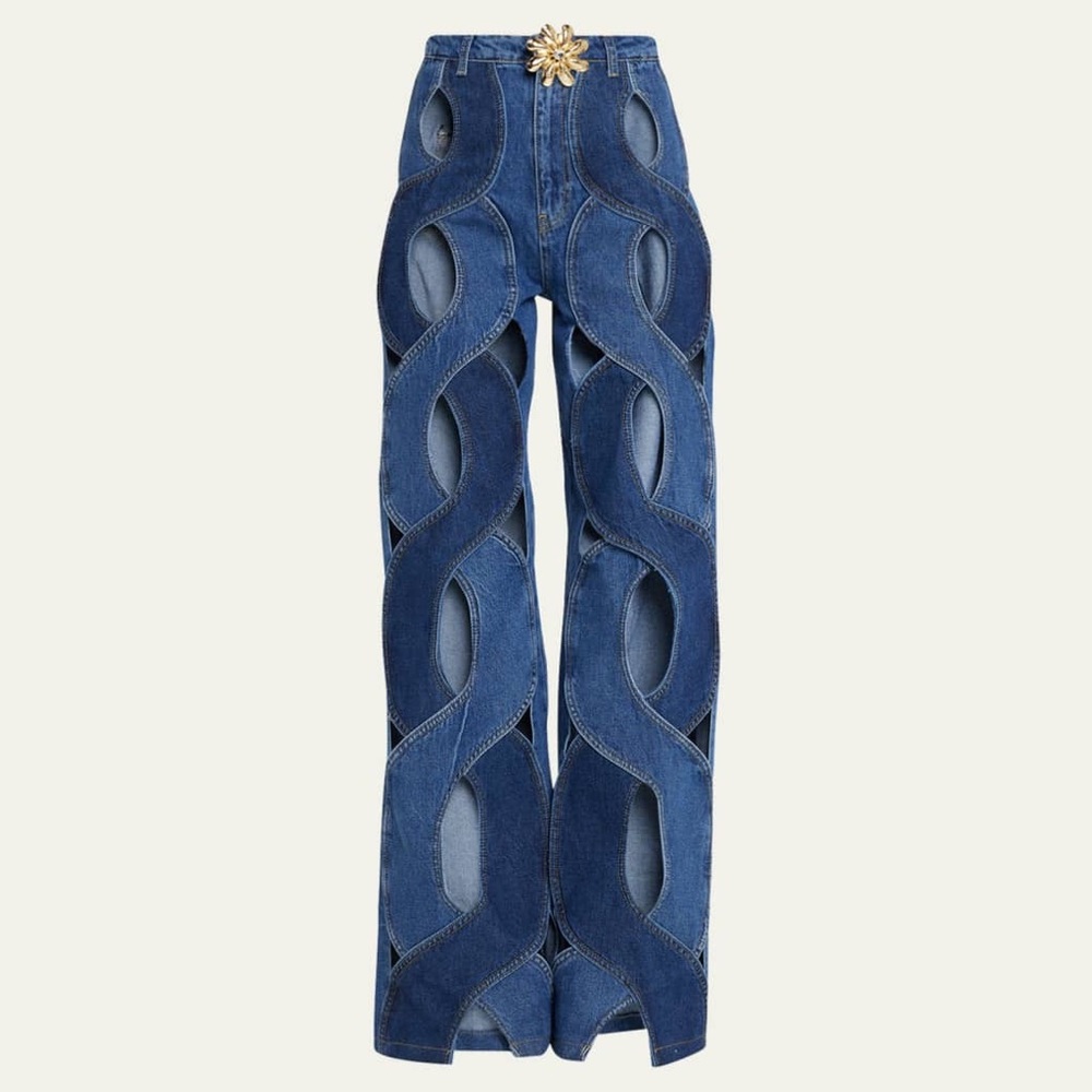 AREA Rope Cutout Jeans with Gold Flower Buckle